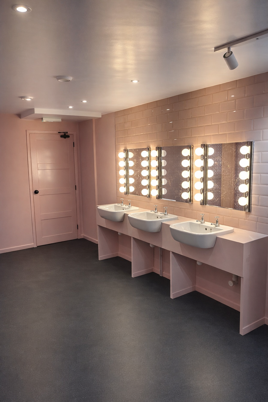 Finished commercial washroom refurbishment with clean modern fixtures
